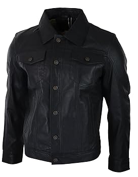 Mens Fitted Vintage Shirt Style Retro Leather Jacket Black